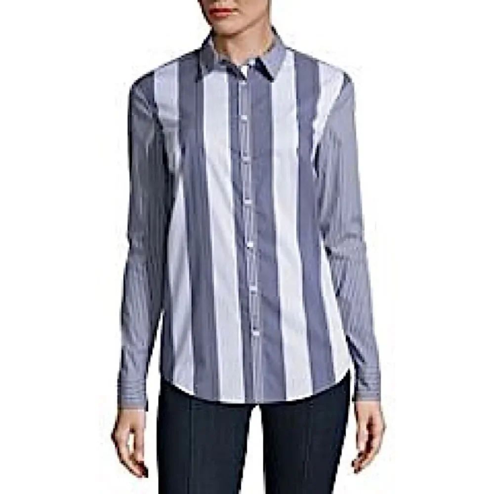 NWT BELLE SKY Button Blue Striped Open Back Top